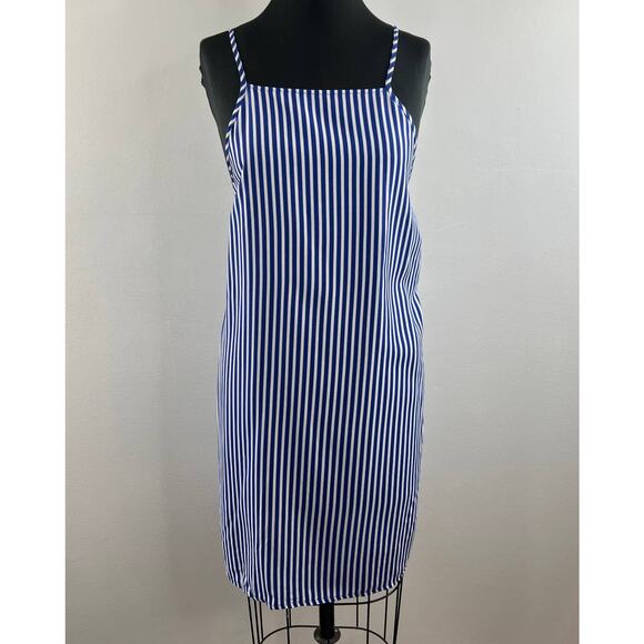 ASOS Blue White Striped Square Neck Spaghetti Strap Cinched Shift Dress Sz 10 M - Picture 7 of 8